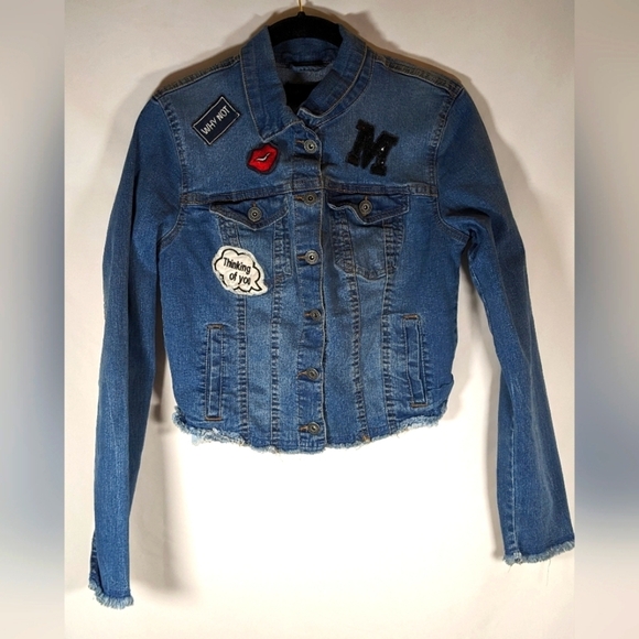 New Look Cropped Jean Jacket with Patch Work Open Hem Size M - Picture 1 of 9